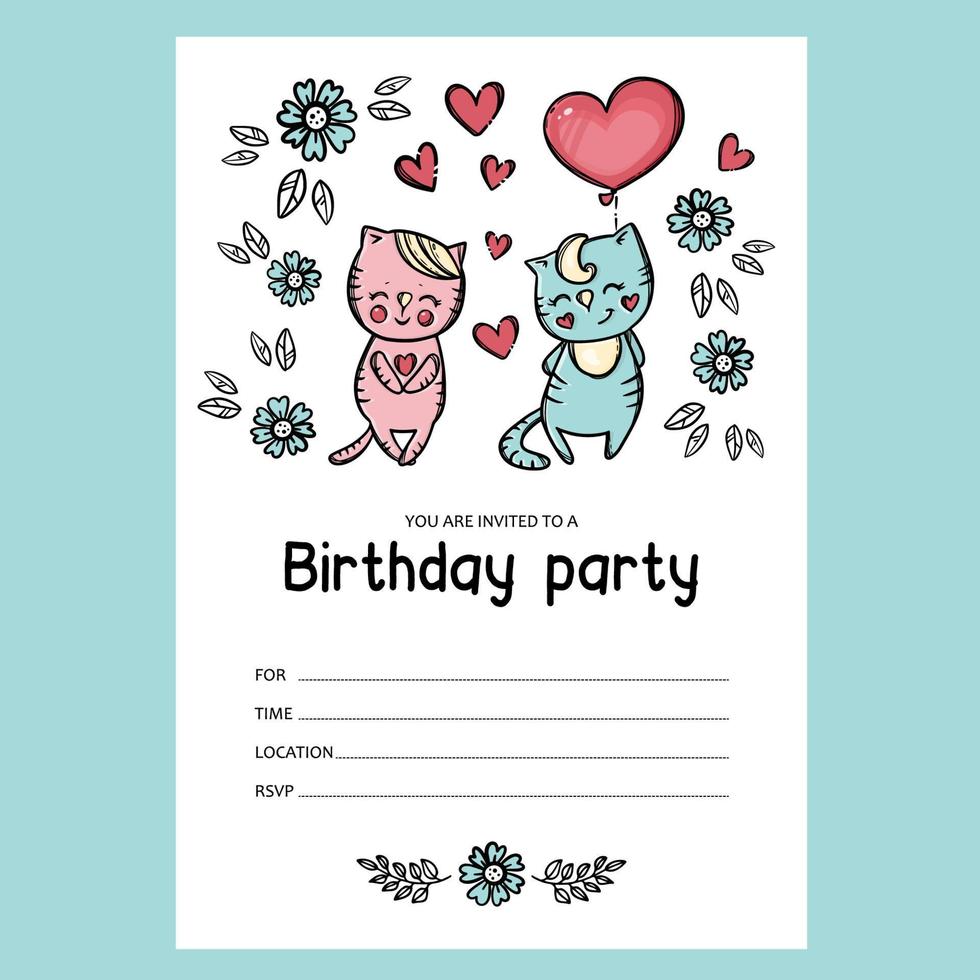Geburtstag Party einladen Katzen Text Banner Karikatur Vektor skizzieren