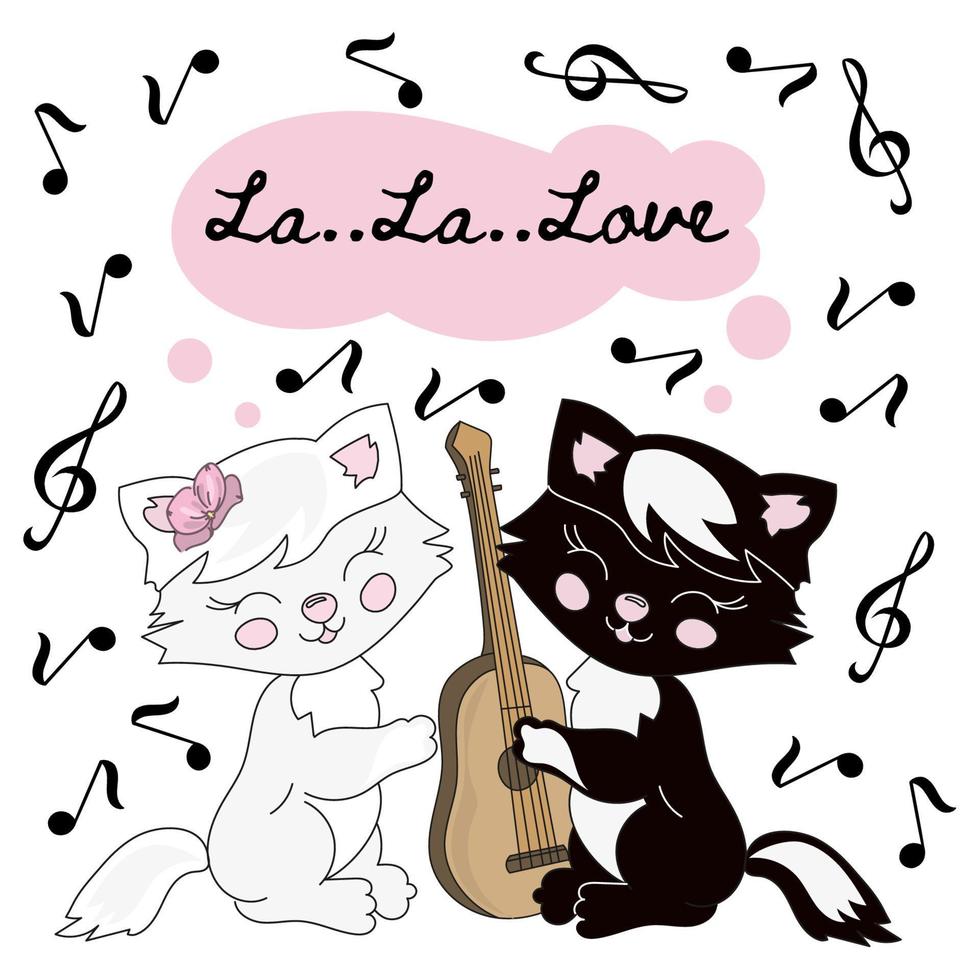 Katze Musik- Valentinstag Tag Party Karikatur Vektor Illustration einstellen