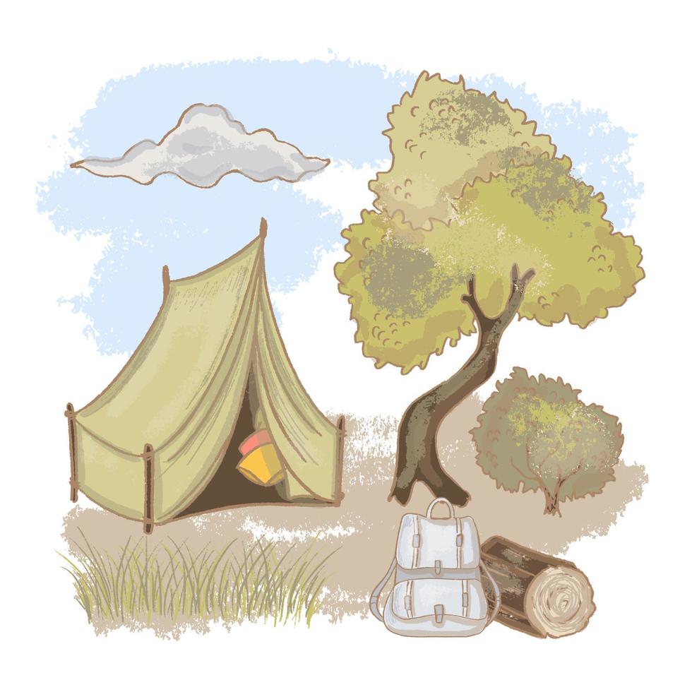 camping resten på natur hand dragen vektor illustration uppsättning