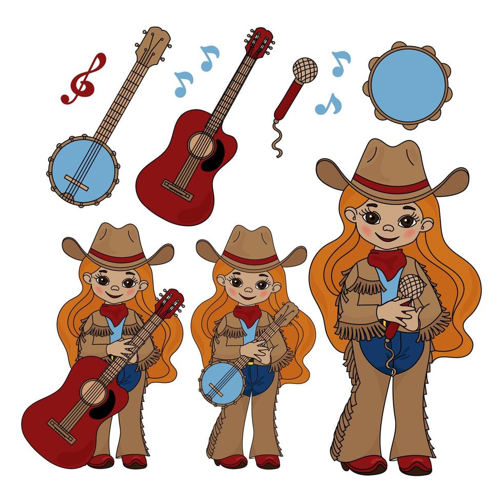 Land musiker cowboy musik festival vektor illustration uppsättning