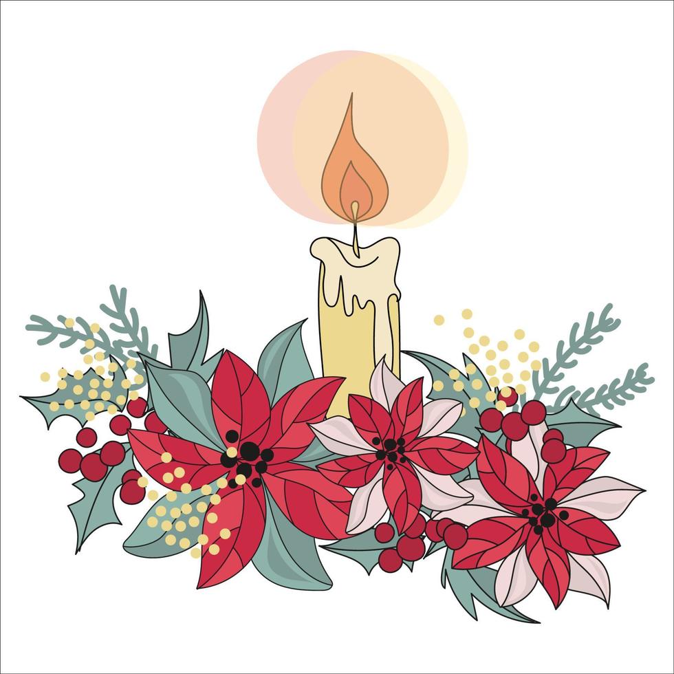 Kerze fröhlich Weihnachten Blume Strauß Vektor Illustration einstellen