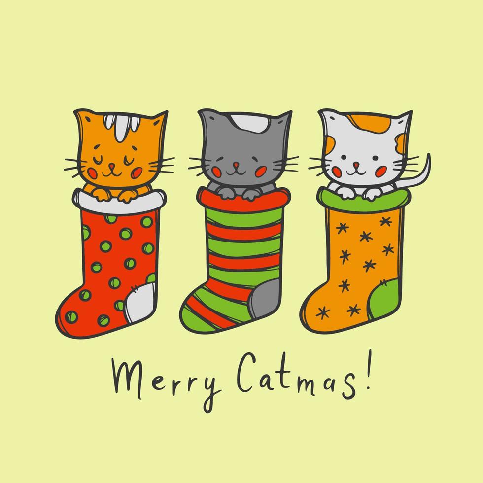 Katze Weihnachten Karte Neu Jahr Gruß Vektor Illustration einstellen