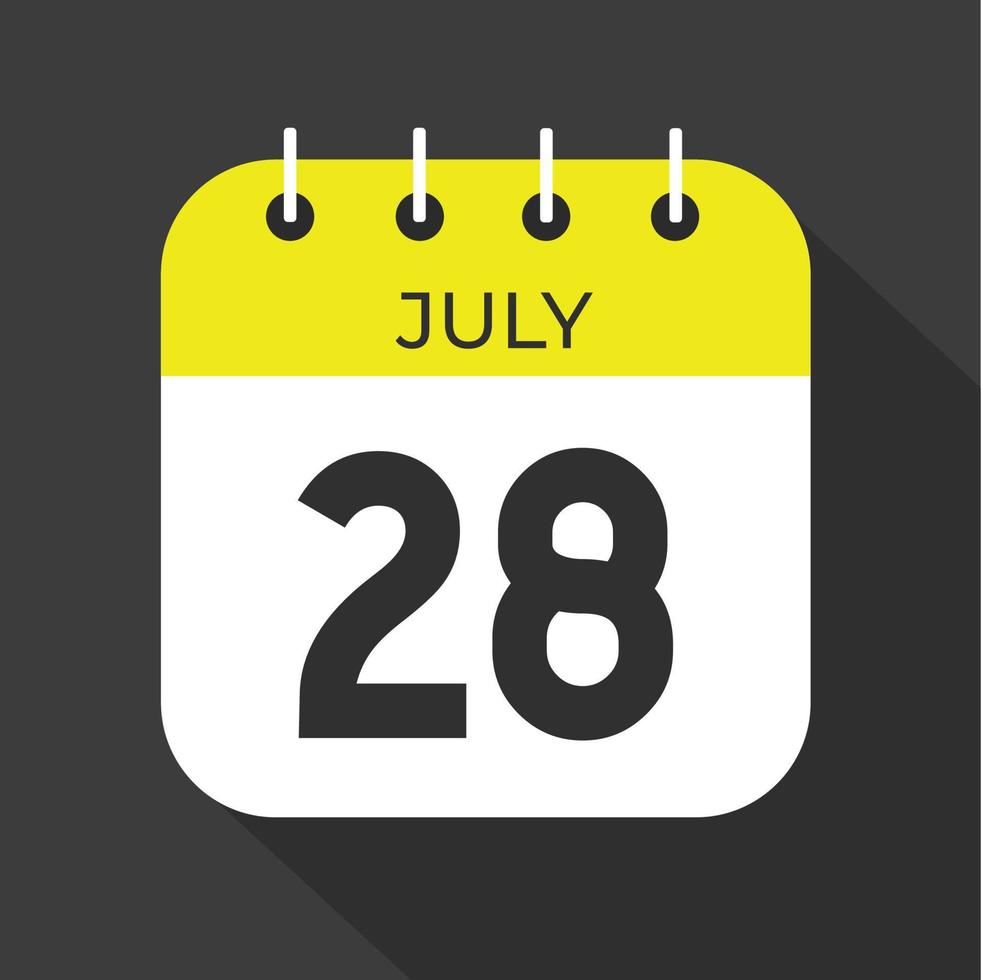 juli dag 28. siffra tjugoåtta på en vit papper med gul Färg gräns på en svart bakgrund vektor. vektor