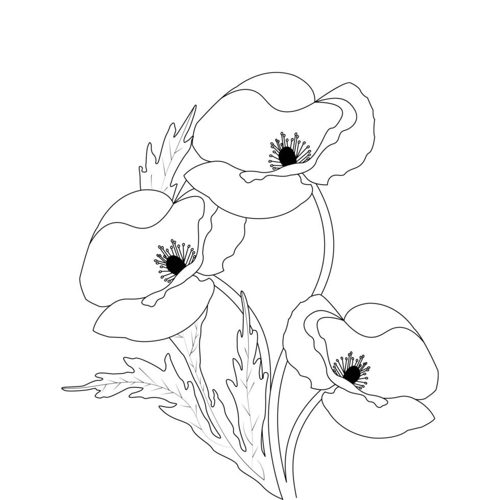 blomma färg sida och bok vallmo blomma linje konst hand dragen illustration vektor