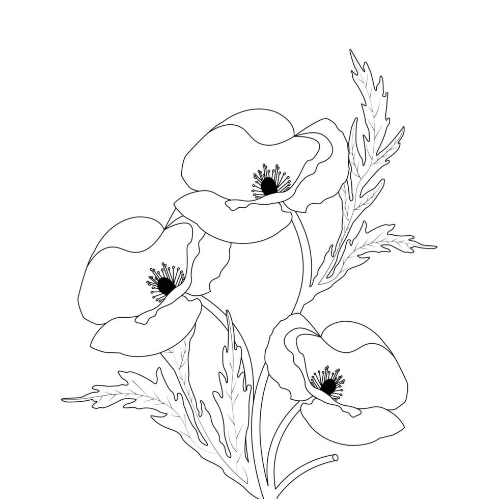 Blume Färbung Seite und Buch Mohn Blume Linie Kunst Hand gezeichnet Illustration vektor