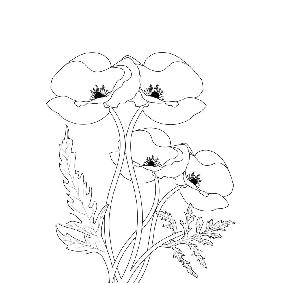 Blume Färbung Seite und Buch Mohn Blume Linie Kunst Hand gezeichnet Illustration vektor