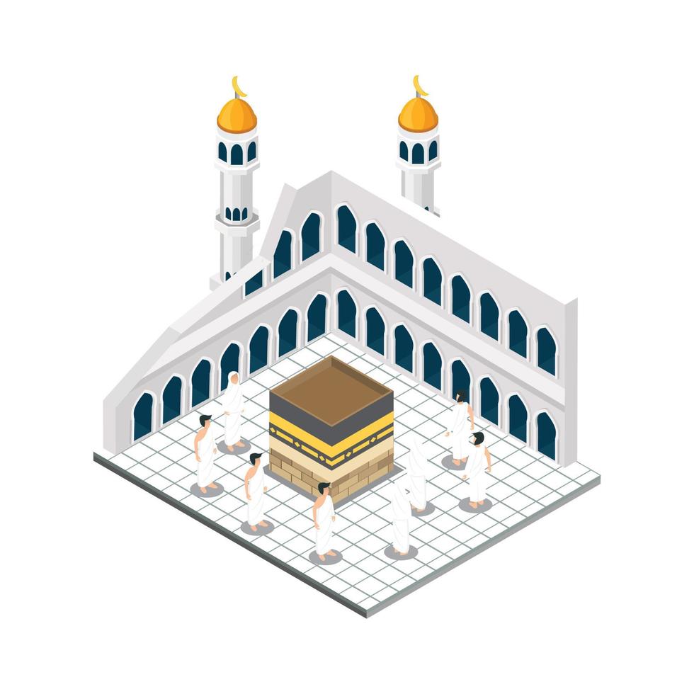 isometrisch haji, Kabbah das heilig Moschee im das heilig Stadt von Mekka Illustration im Weiß isoliert Hintergrund mit Menschen und Digital verbunden Anlagegut vektor