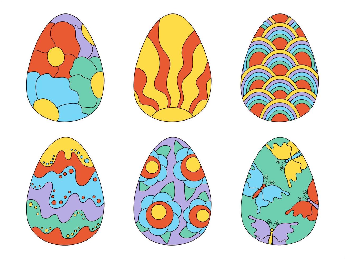 einstellen psychedelisch Ostern Eier im retro Stil 60er Jahre 70er. zum Dekor, drucken, Karte. alt klassisch Karikatur Stil. eben Vektor Illustration