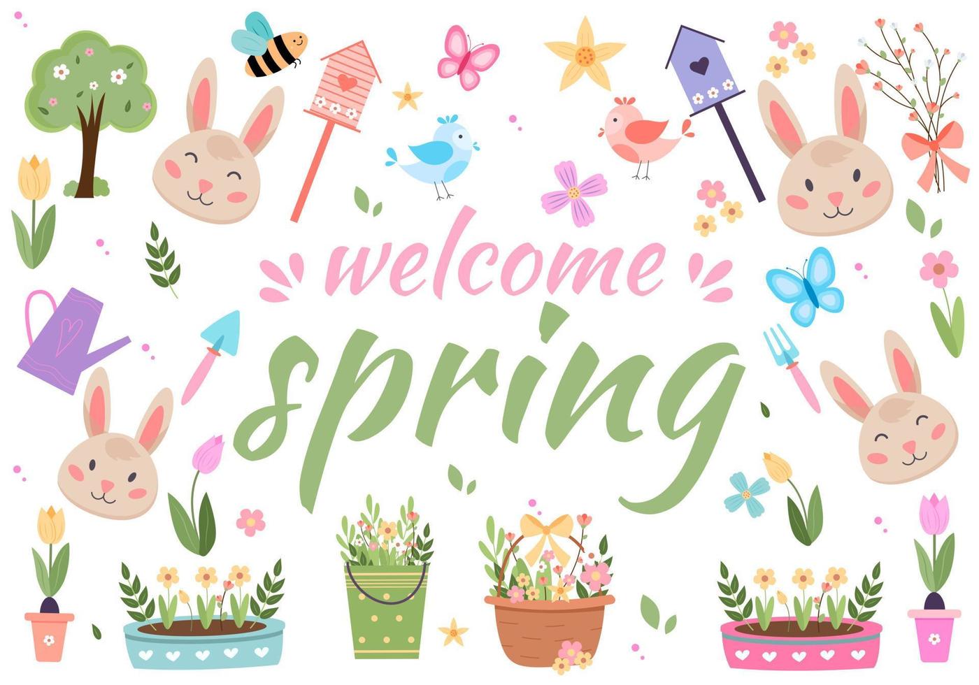 Ostern Frühling Vektor mit süß Hasen, Eier, Vögel, Bienen, Schmetterlinge. Hand gezeichnet eben Karikatur Elemente.