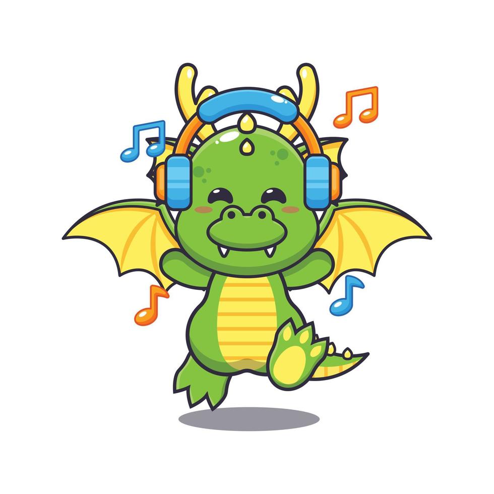 süß Drachen Hören Musik- mit Kopfhörer Karikatur Vektor Illustration. Vektor Karikatur Illustration geeignet zum Poster, Broschüre, Netz, Maskottchen, Aufkleber, Logo und Symbol.