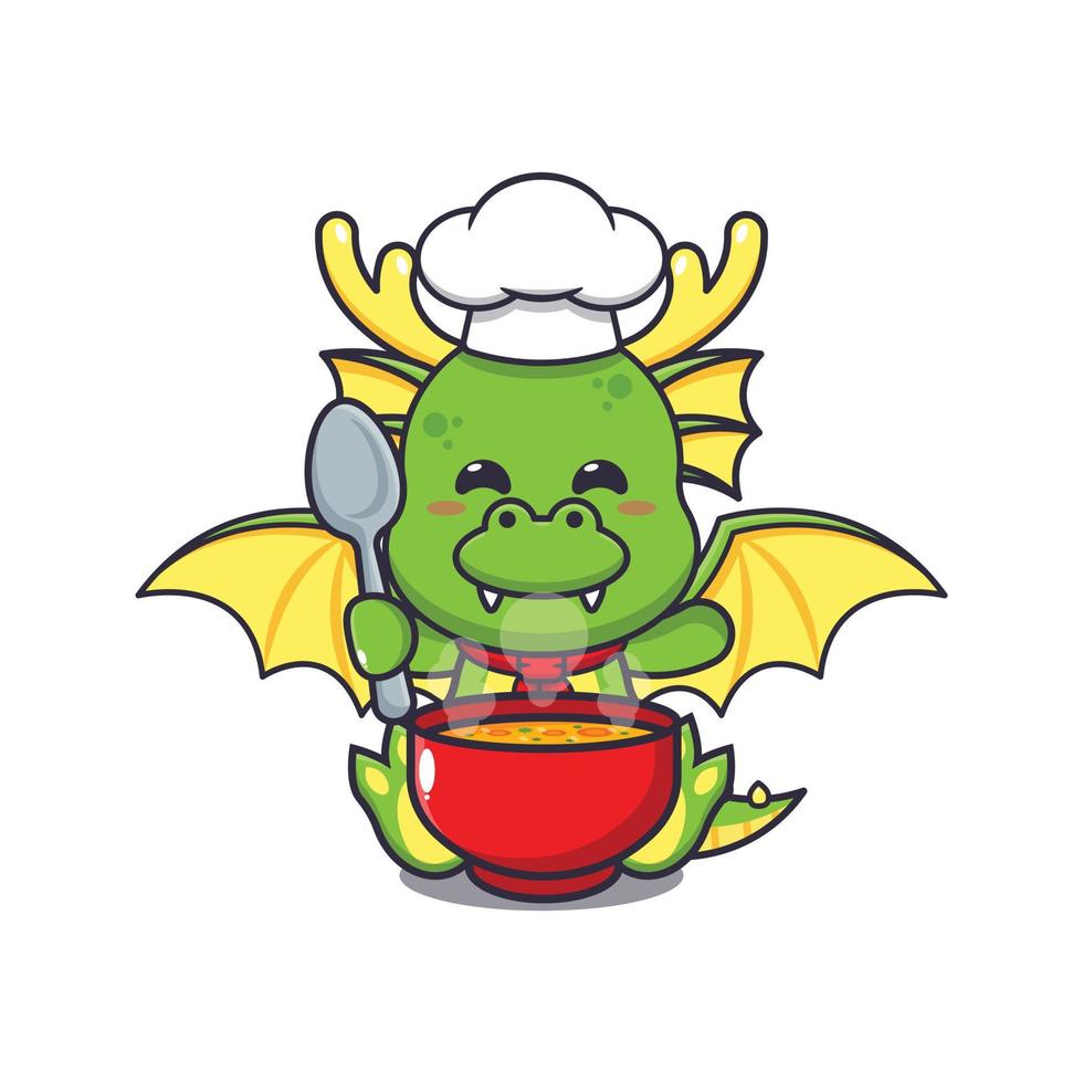 süß Koch Drachen Maskottchen Karikatur Charakter mit Suppe. vektor