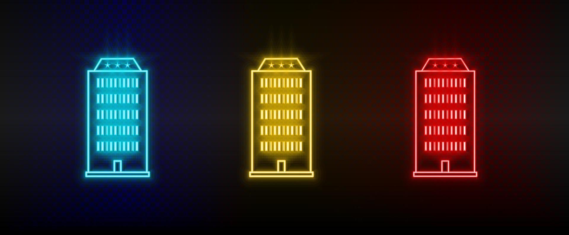 Neon- Symbole. Gebäude Hotel. einstellen von Rot, Blau, Gelb Neon- Vektor Symbol auf dunkel Hintergrund