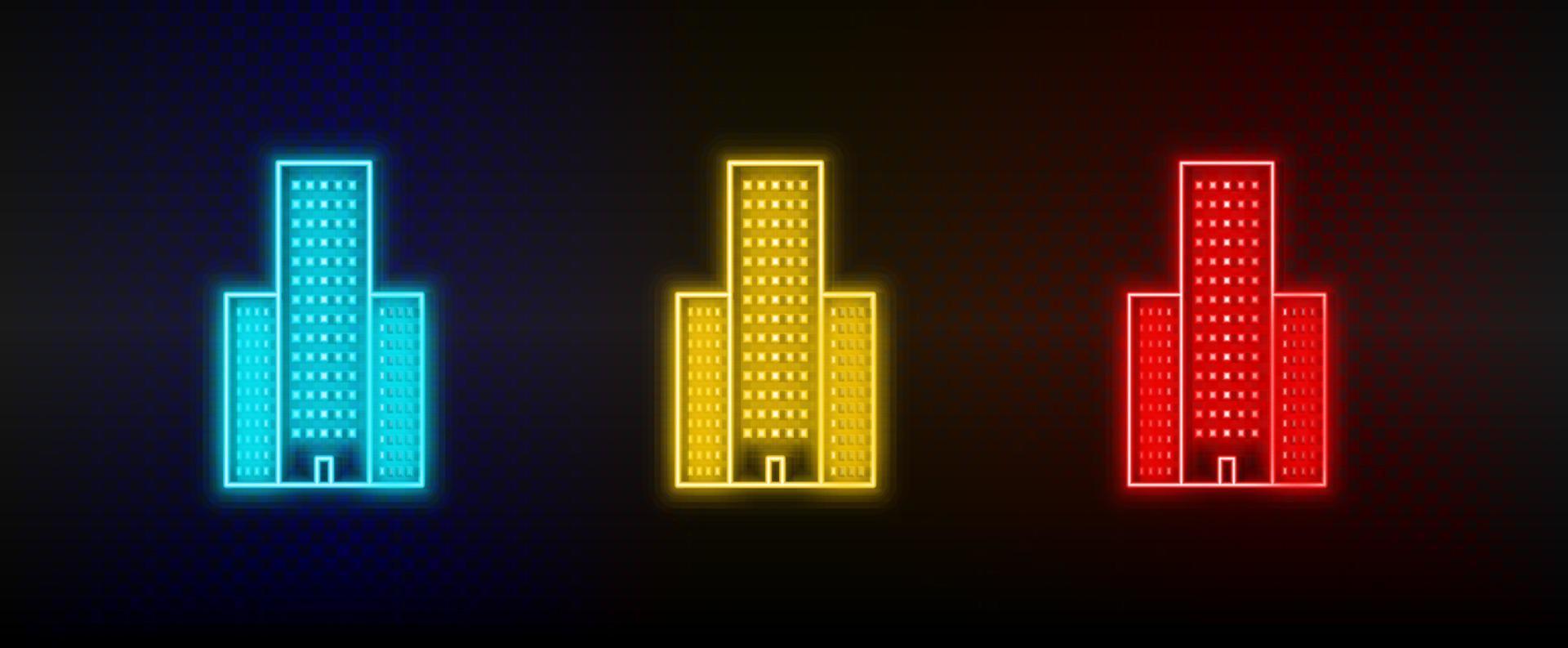neon ikoner. byggnad. uppsättning av röd, blå, gul neon vektor ikon på mörk bakgrund