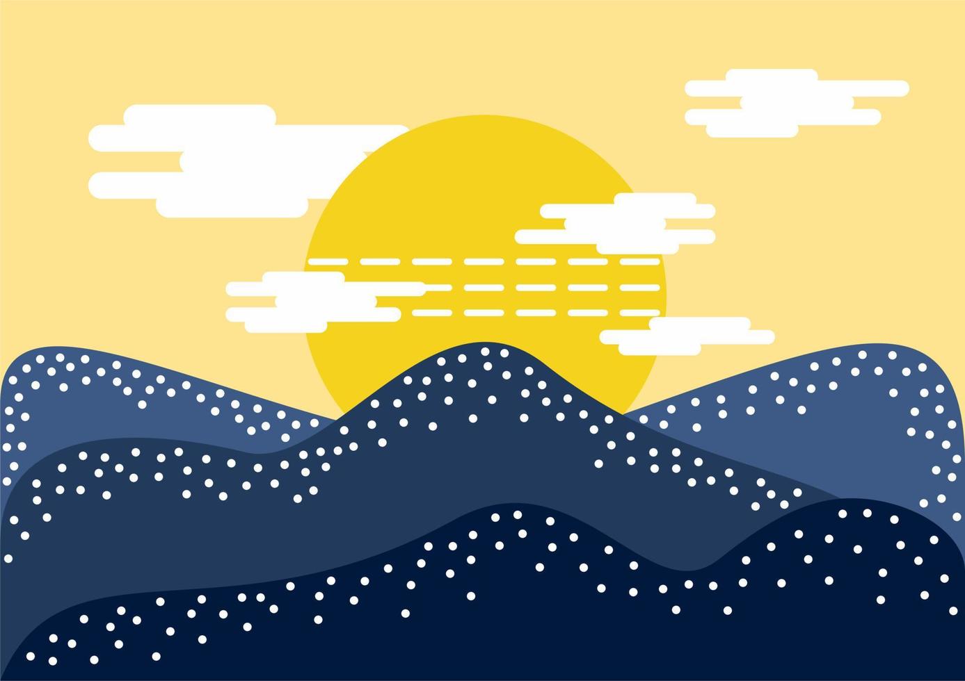 japanisch Stil Vektor Hintergrund Design mit Berge und Himmel. Sonne. Landschaft. Blau, Gelb, Weiß Farben.