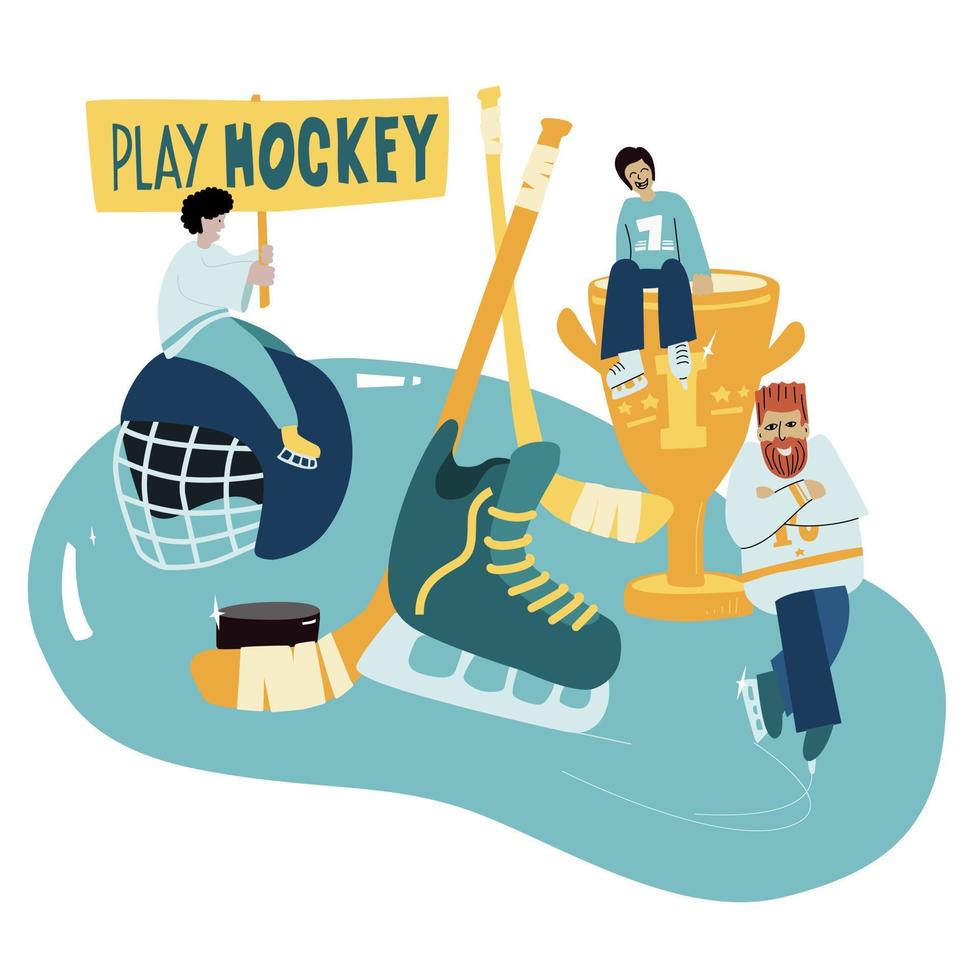 Eis Eishockey Mannschaft mit Eishockey Ausrüstung und Motto. Sportler im ein eben Stil. vektor