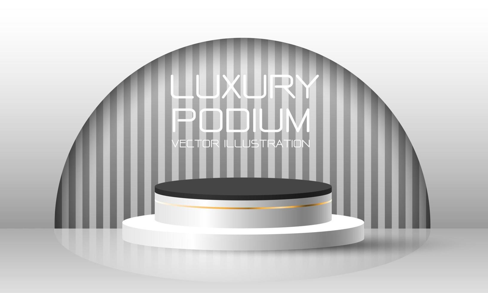 realistisk vit svart guld linje 3d cylinder podium attrapp med grå rand mönster semi cirkel bakgrund design för Produkter visa skede monter modern lyx bakgrund vektor