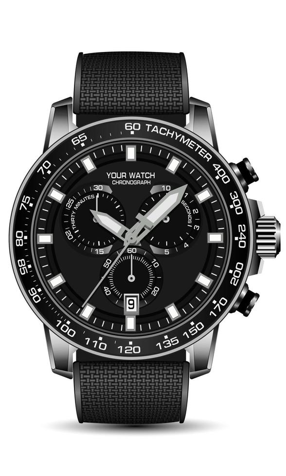 realistisch Stahl Uhr Chronograph schwarz Gesicht Stoff Gurt auf Weiß Hintergrund Design modern Luxus zum Männer Mode Vektor