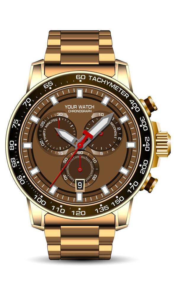 realistisch Gold braun Uhr Uhr Chronograph Gesicht Gurt auf Weiß Hintergrund Design modern Luxus zum Männer Mode Vektor