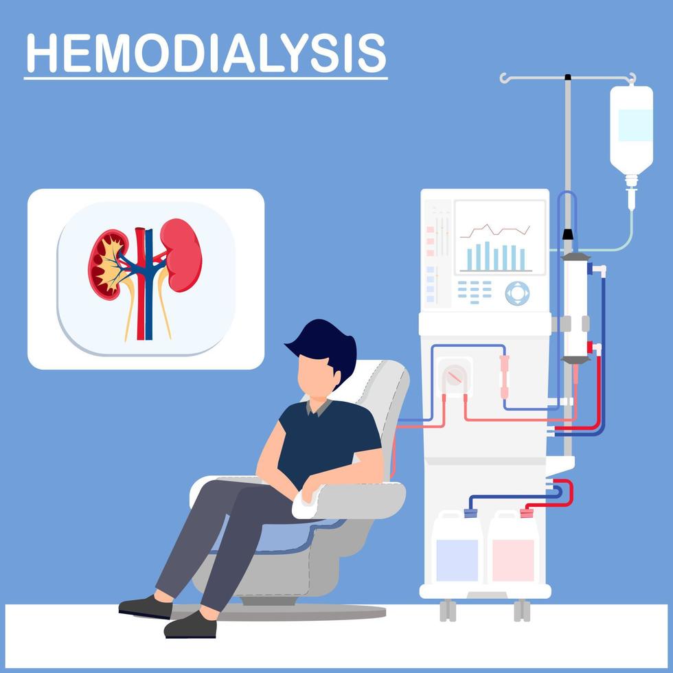 medicinsk illustration.ung man lidande från njure sjukdom.sittande på en stol för blod transfusion behandla njure sjukdom använder sig av dialys machine.vector illustration.hälsovård och medicin begrepp vektor