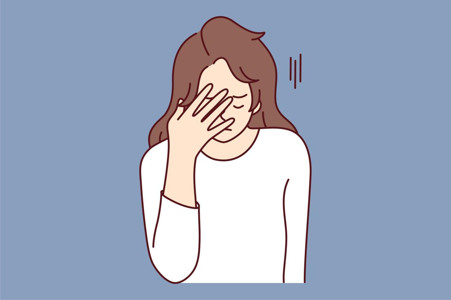 unzufrieden jung Frau machen Hand Geste leiden von Schlecht Nachricht. verärgert weiblich Kampf mit Migräne oder Kopfschmerzen. Vektor Illustration.