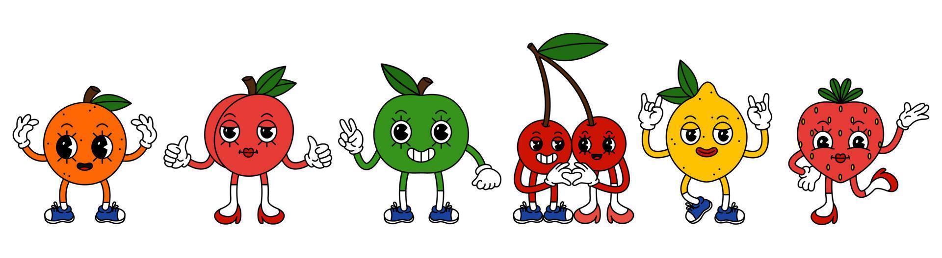 einstellen von komisch Früchte Zeichen im modisch retro Karikatur Stil. Vektor Illustration von Kirsche, Pfirsich, Erdbeere, orange, Apfel und Zitrone.