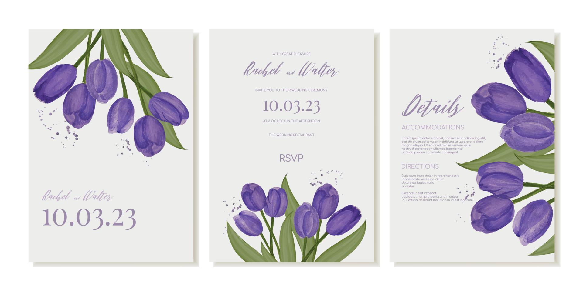 Hochzeit Einladung Vorlage mit Aquarell lila Tulpen. Vektor