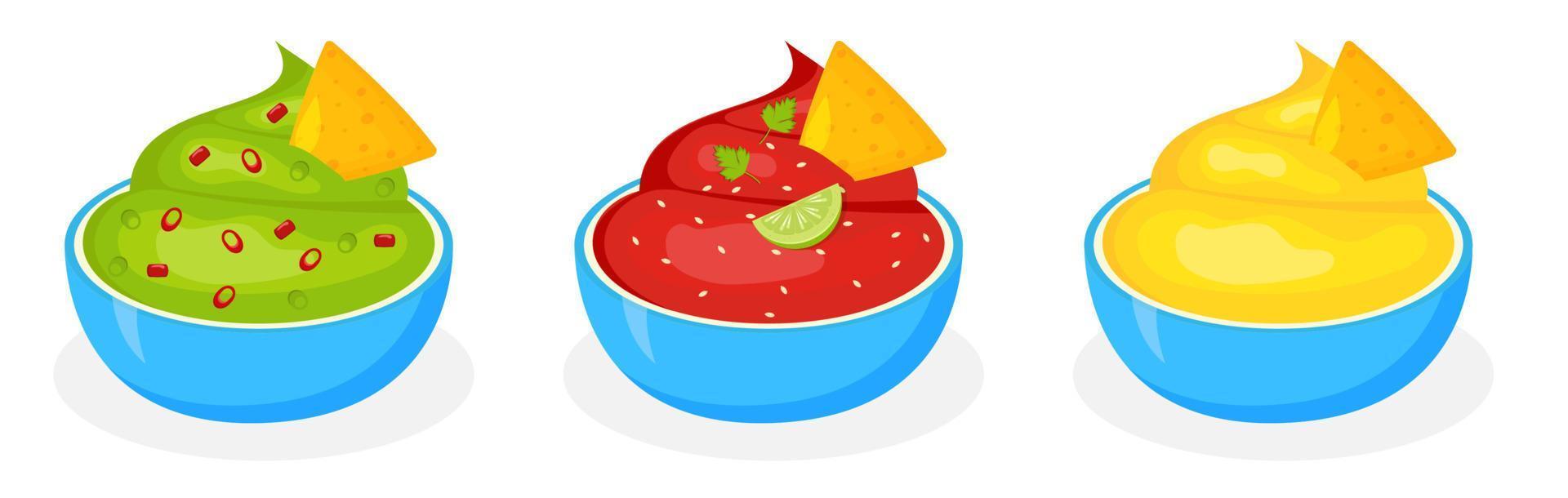 mexikansk sås med nachos uppsättning. vektor illustration.