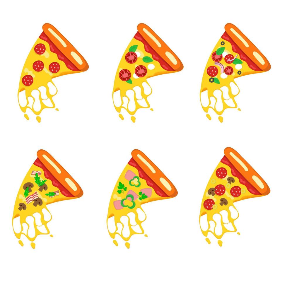 pizza skiva med annorlunda skiva och smält ost uppsättning. vektor