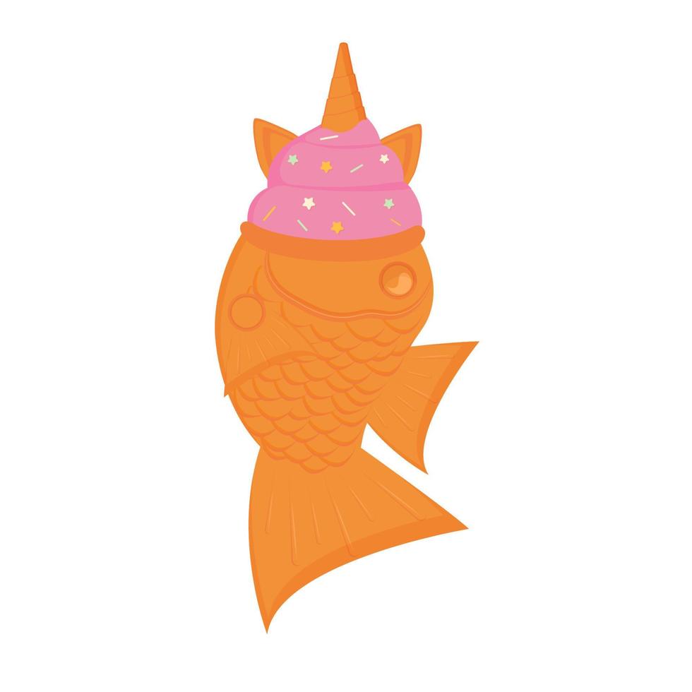 Taiyaki Eis Sahne mit Einhorn Horn. Fisch Kuchen. japanisch Dessert Karikatur Stil. Vektor Illustration.