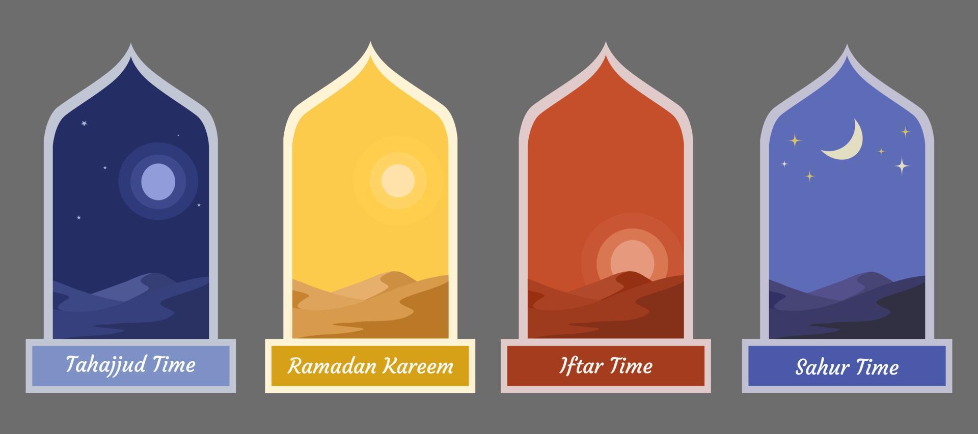 uppsättning av ramadan bricka eller märka med annorlunda öken- tid scen vektor