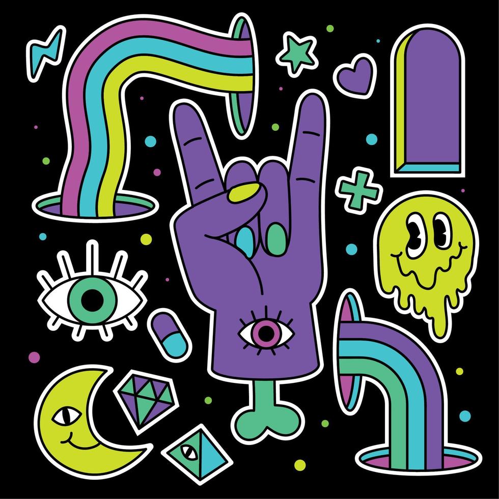 farbig Gruppe von groovig Emotes und Symbole Hand mit Knochen Vektor Illustration
