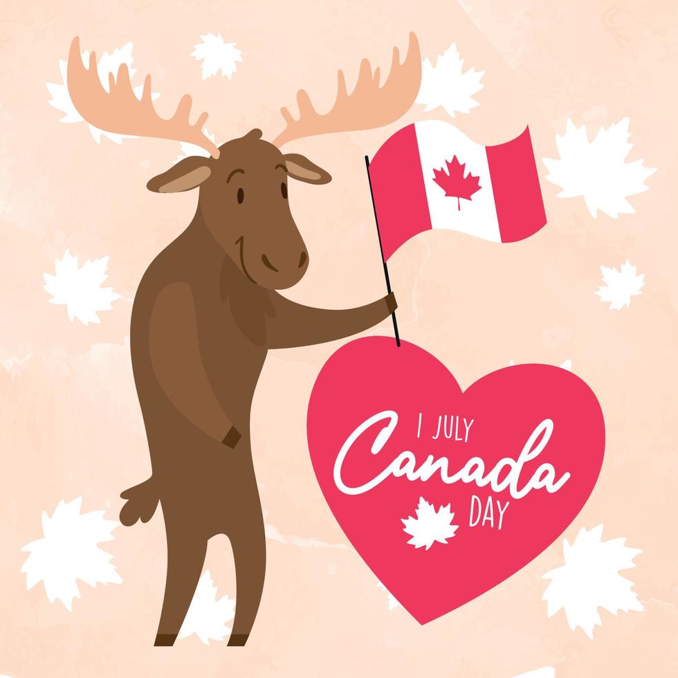 isolerat söt älg tecknad serie innehav en kanada flagga Lycklig kanada vektor