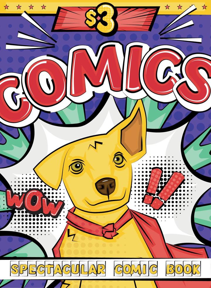 färgad komisk omslag sida med en hund superhjälte vektor