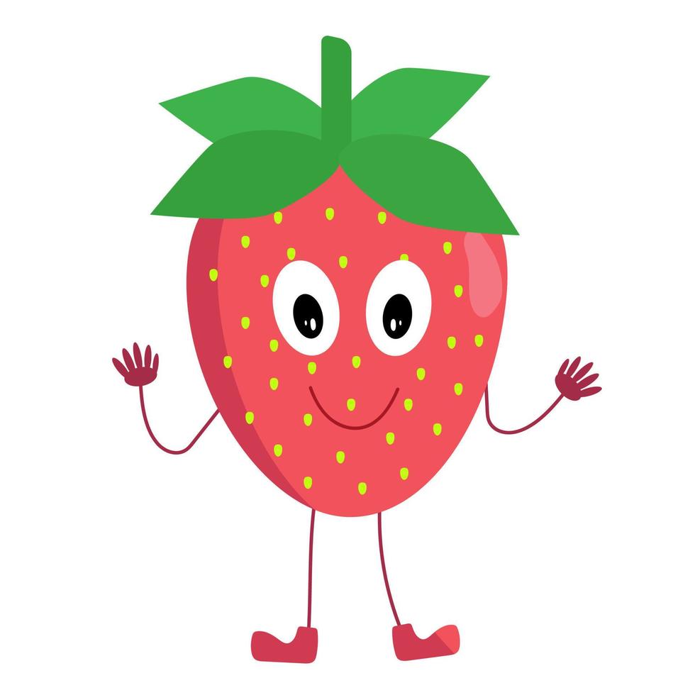 süß lächelnd Erdbeere Beere mit Waffen und Beine. ein Element zum Design auf Erdbeere Produkte, Spielzeuge, Baby Lebensmittel. vektor