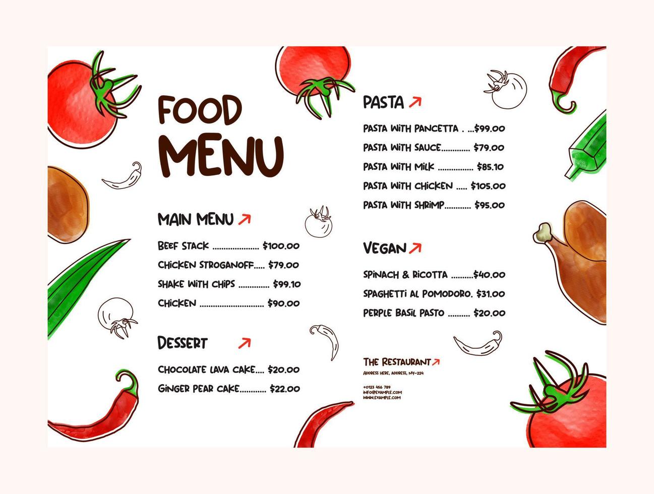 Essen Speisekarte Vorlage mit Aquarell Gemüse Zeichnung Vektor Illustration