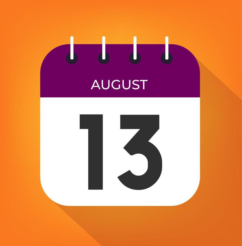 augusti dag 13. siffra tretton på en vit papper med lila Färg gräns på en orange bakgrund vektor