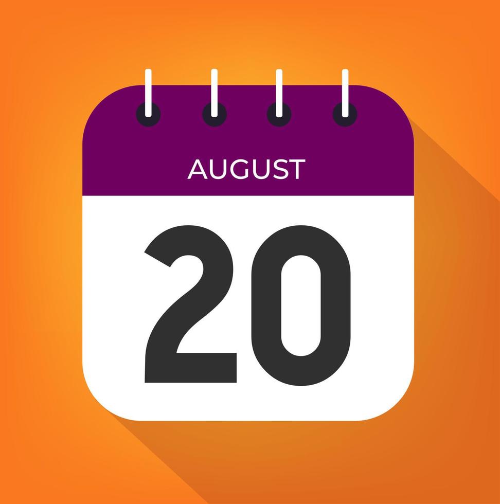 August Tag 20. Nummer zwanzig auf ein Weiß Papier mit lila Farbe Rand auf ein Orange Hintergrund vektor