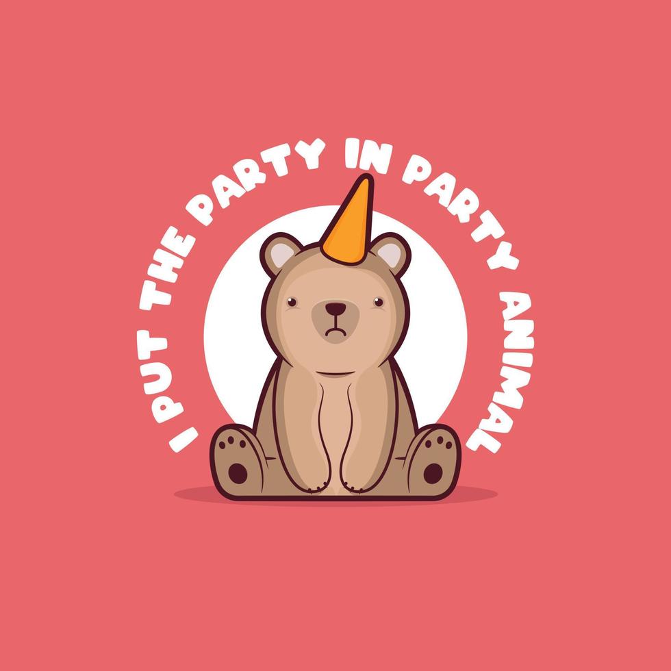 traurig Bär Sitzung mit ein Party Hut Vektor Illustration. Party, Freundschaft, Spaß Design Konzept.