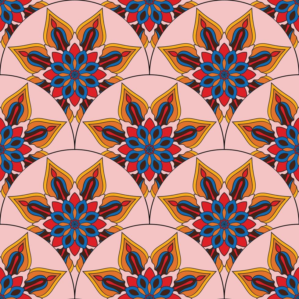 abstrakt Mandala Fisch Rahmen nahtlos Muster. Zier Fliese, Mosaik Hintergrund. Blumen- Patchwork Unendlichkeit Karte. Arabisch, indisch, Ottomane Motive. vektor