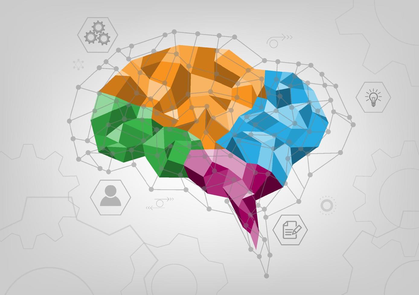 abstrakt Hintergrund Gehirn Lopolygon mehrfarbig Drahtgitter linear Zahnräder Dort sind Symbole und Symbole. auf ein grau Gradient Hintergrund vektor
