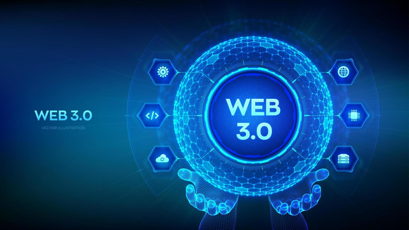 webb 3.0. ny generation av de internet abstrakt begrepp. blockera kedja decentraliserad teknologi. digital kommunikation, ai och virtuell teknologi. hexagonal rutnät sfär i trådmodell händer. vektor. vektor