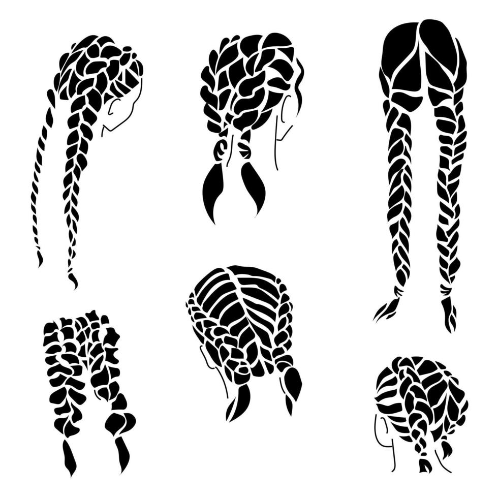två flätor på hår av annorlunda längder, utsmyckad flätad frisyrer silhuetter vektor