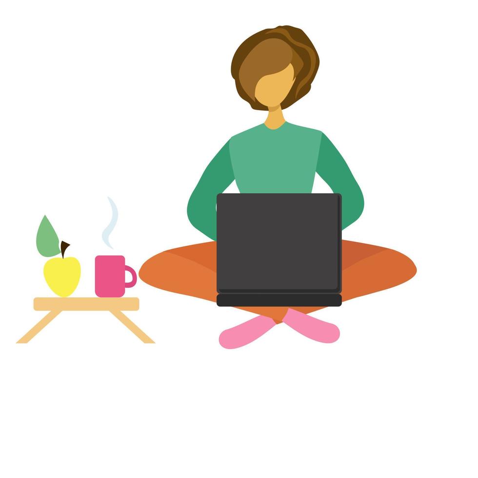 Frau mit dunkel Haar mit ein Laptop Sitzung, Fernbedienung Arbeit oder lernen, online Klassen beim Zuhause vektor