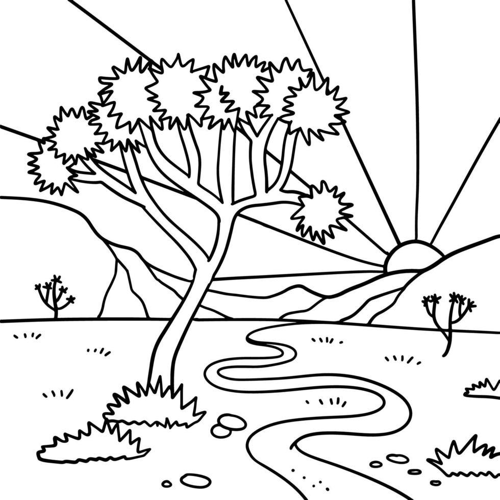 färg sida - svart linjär hand dragen joshua träd vektor illustration. minimalistisk linje konst av arizona solnedgång landskap. öken- vibrafon linje konst skriva ut. vektor linje illustration av amerikan sydväst.