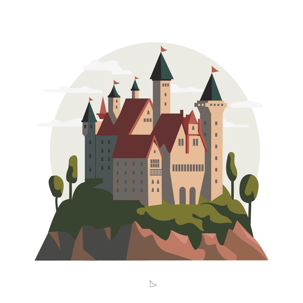 medeltida slott på kulle. befäst fästning i beige färger med välvd fönster och röd flagga på torn . saga rike palats isolerat på vit. platt hand dragen vektor illustration.