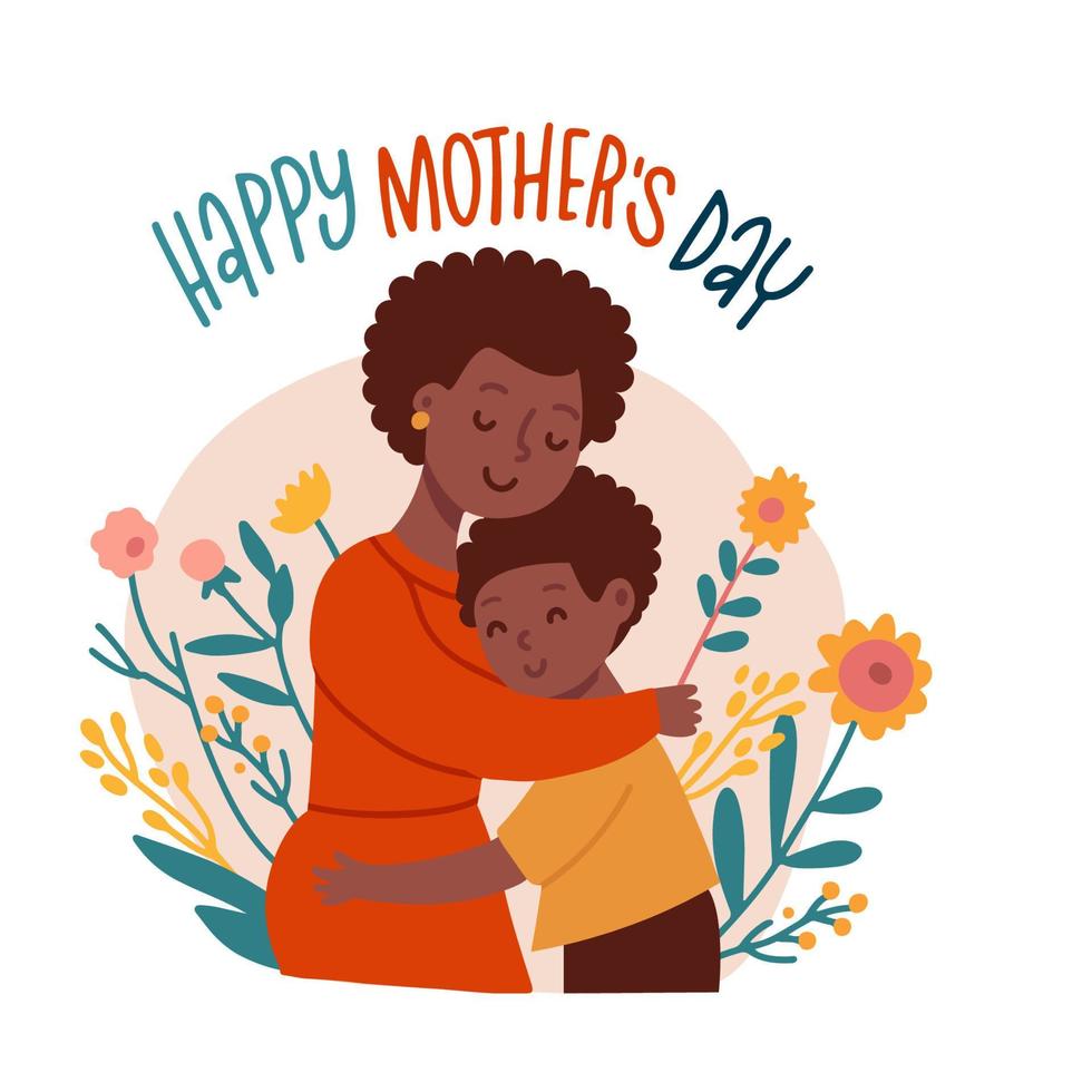 Lycklig brun unge pojke kramas hans mamma. Lycklig mors dag hälsning catd mall. svart kvinna kel henne barn. platt hand dragen vektor illustration.