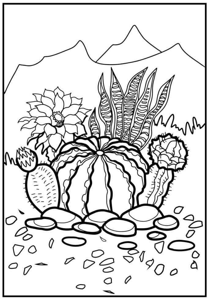 Blühen Kaktus im das Wüste. Arizona Landschaft. Färbung Buch Anti-Stress zum Kinder und Erwachsene. vektor