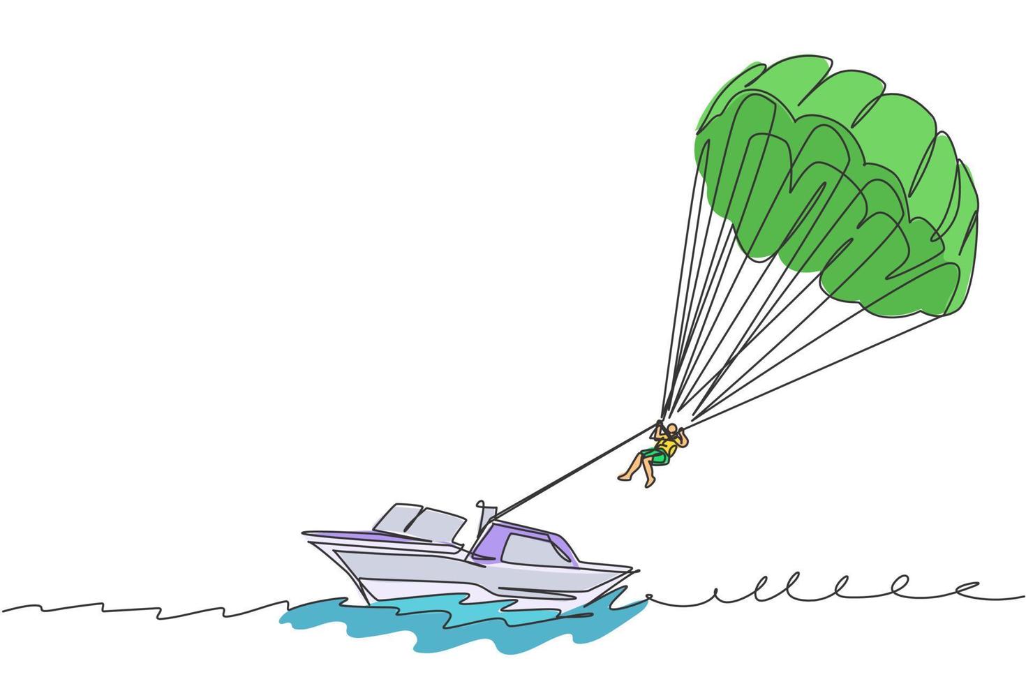 en enda linjeteckning av ung sportig man som flyger med parasailing fallskärm på himlen dragen av en båt vektorgrafisk illustration. extrem sport koncept. modern kontinuerlig linjeritningsdesign vektor