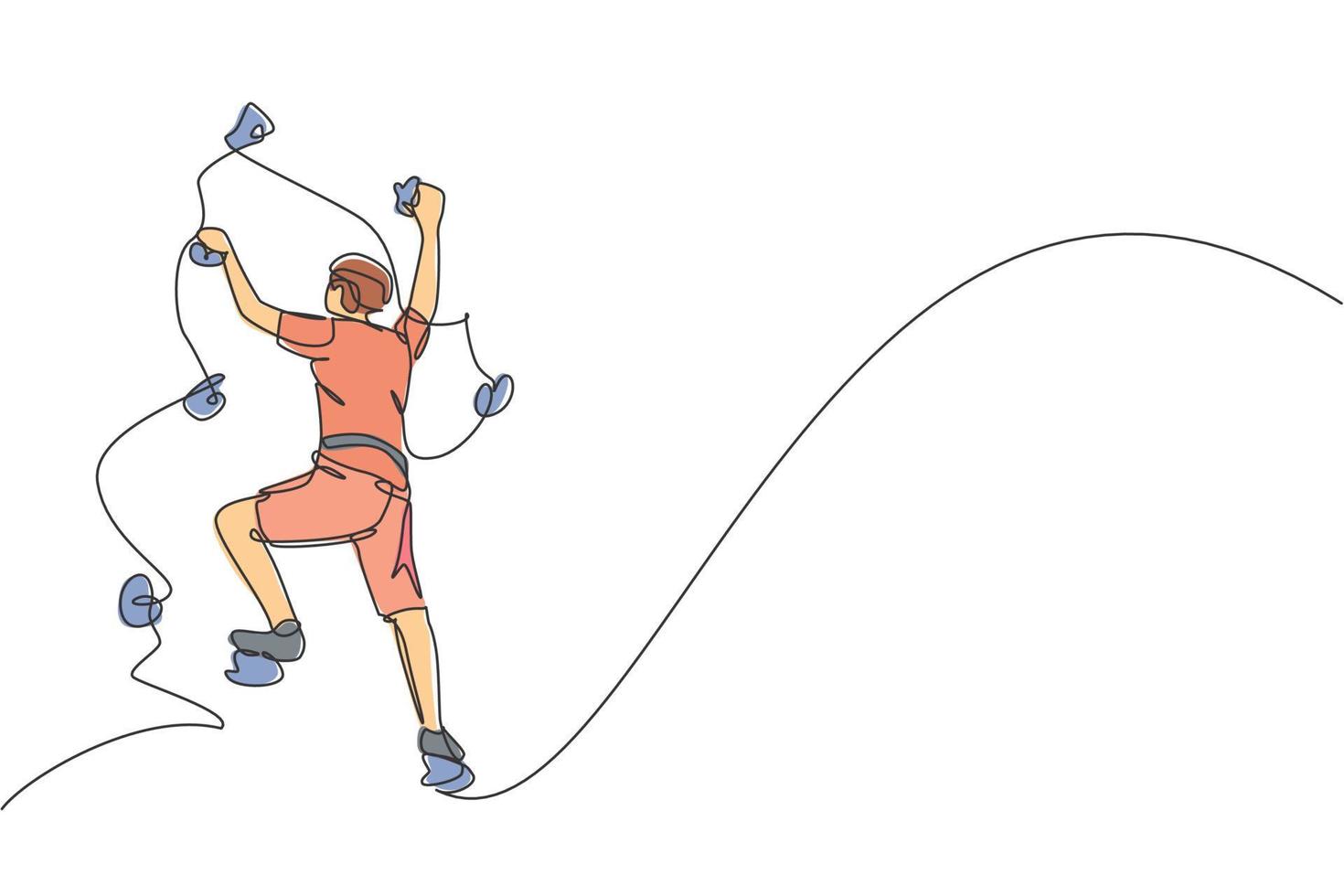 enda kontinuerlig linjeteckning av ung muskulös bergsklättrare man klättrar hängande på bergsgrepp. utomhus aktiv livsstil och bergsklättring koncept. trendiga en rad rita design vektorillustration vektor