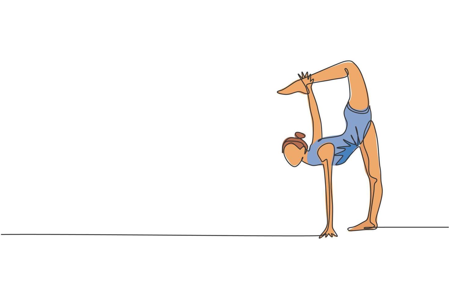 enda kontinuerlig linje teckning av ung skönhet professionell gymnast flicka prestera golv träning. rytmisk gymnastiska Träning och stretching begrepp. trendig ett linje dra design vektor illustration